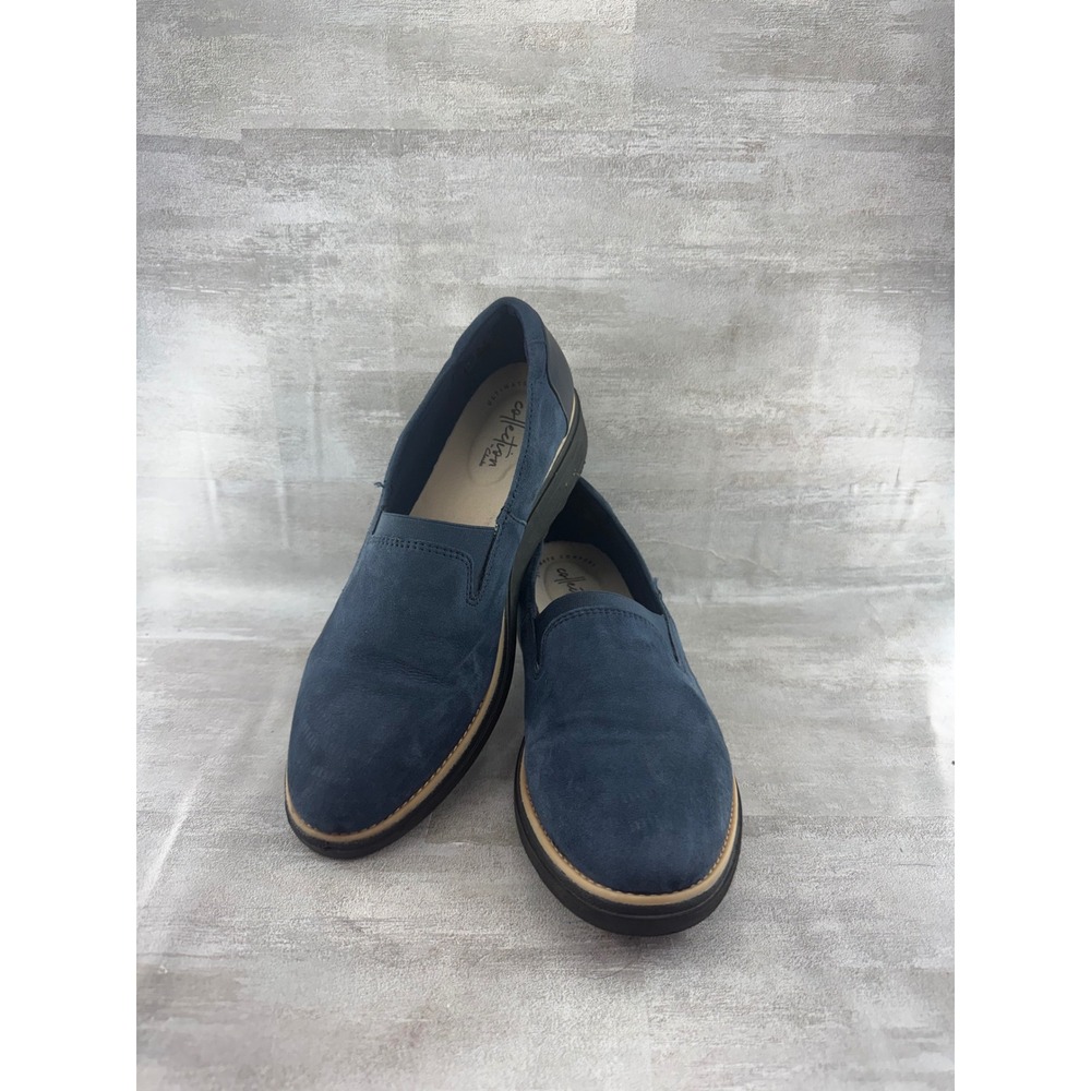 Clarks Collection Navy Blue Suede Wedge Loafers Women Sz 7.5 M Ultimate Comfort